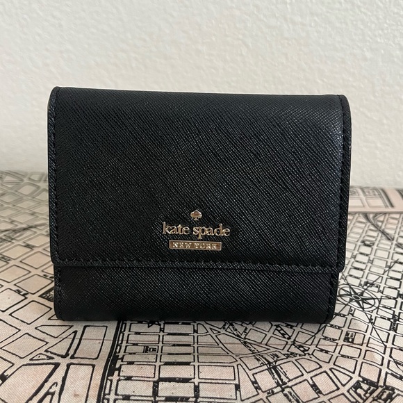 Kate Spade Black Trifold Wallet with Striped Interior - Picture 1 of 8
